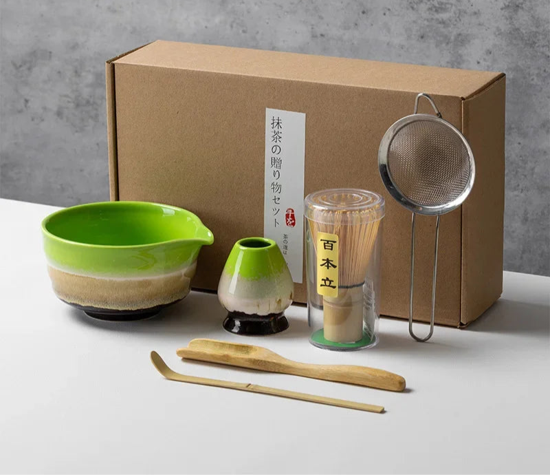 Matcha Tea Set with Ceramic Bowl & Bamboo Accessories – 4/5/6 Piece Traditional Japanese Matcha Kit in Sage Green