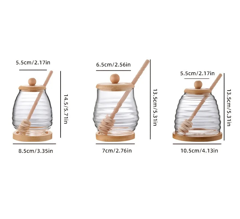 Ravello Glass Honey Jar with Wooden Lid and Dipper – 300ml /400ml/500ml Honey Pot Dispenser with Drizzle Stick for Kitchen Storage and Serving