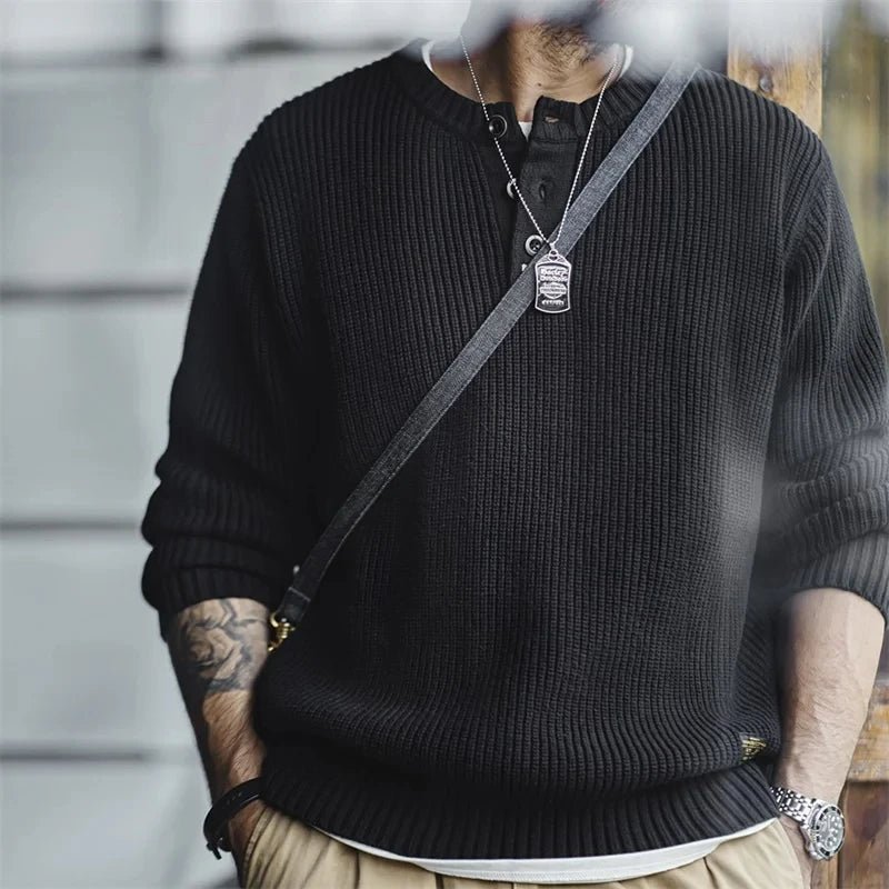 Caelum Men’s Ribbed Henley Knit Jumper – Button Neck Black Textured Pullover