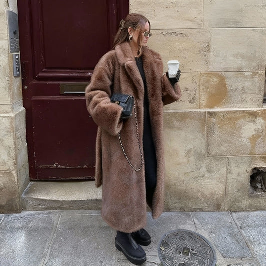 Brunelle Long Plush Faux Fur Belted Coat – Women’s Luxury Winter Faux Mink Jacket in Mocha Mink & Ivory Mink