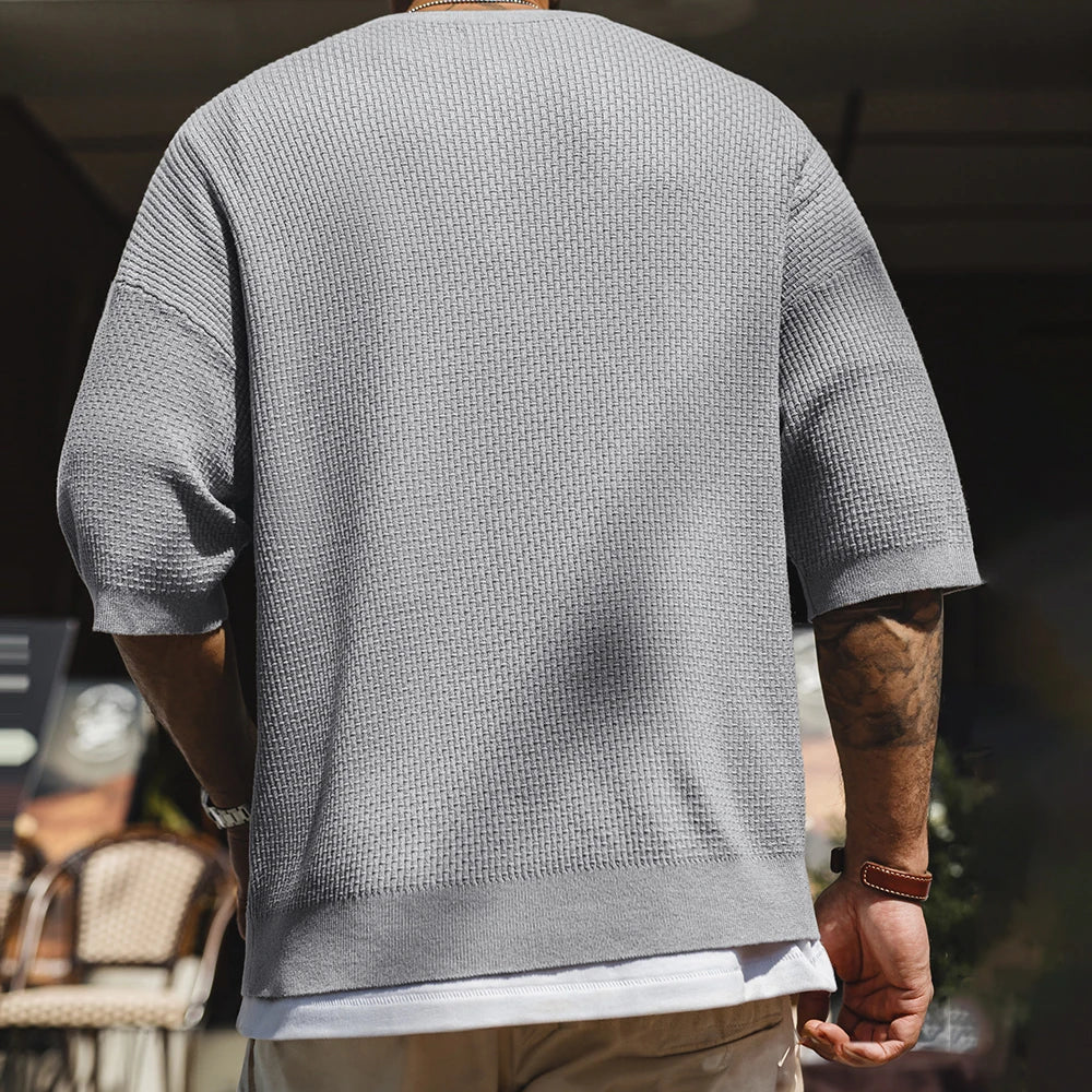 Caelus Men’s Waffle Knit Henley T-Shirt – Short Sleeve Button Neck Textured Tee in Light Grey