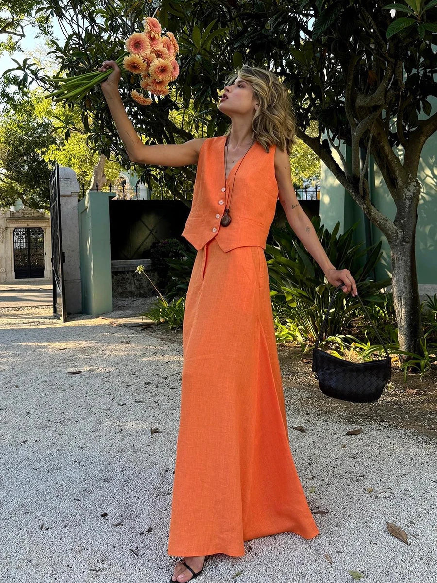 Arancia Orange Waistcoat & Maxi Skirt Co-Ord Set – Tailored Linen Two-Piece Summer Holiday Outfit for Women