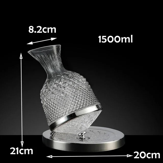 Rotating Crystal Whiskey Decanter with Gold/ Silver Base – 1.5L, Luxury Glass Liquor Carafe for Home Bar