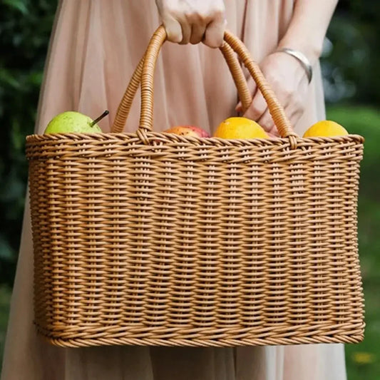 Handwoven Wicker Tote Basket – Natural Rattan Storage or Picnic Bag