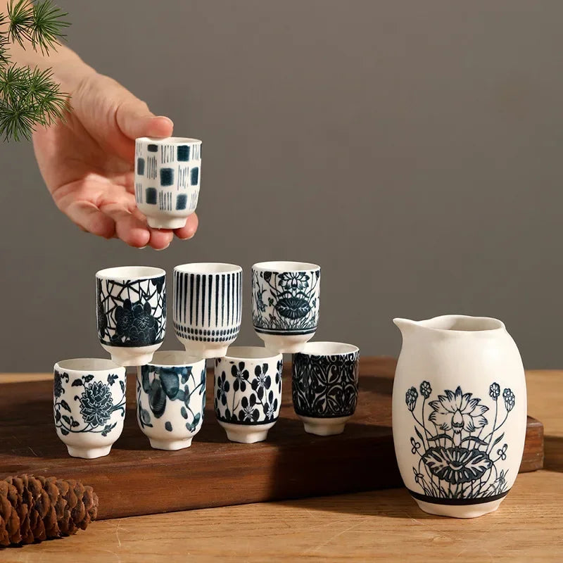 Imperial Sake Set with Ceramic Carafe – 9 Piece Black and White Tea Set Gift Box