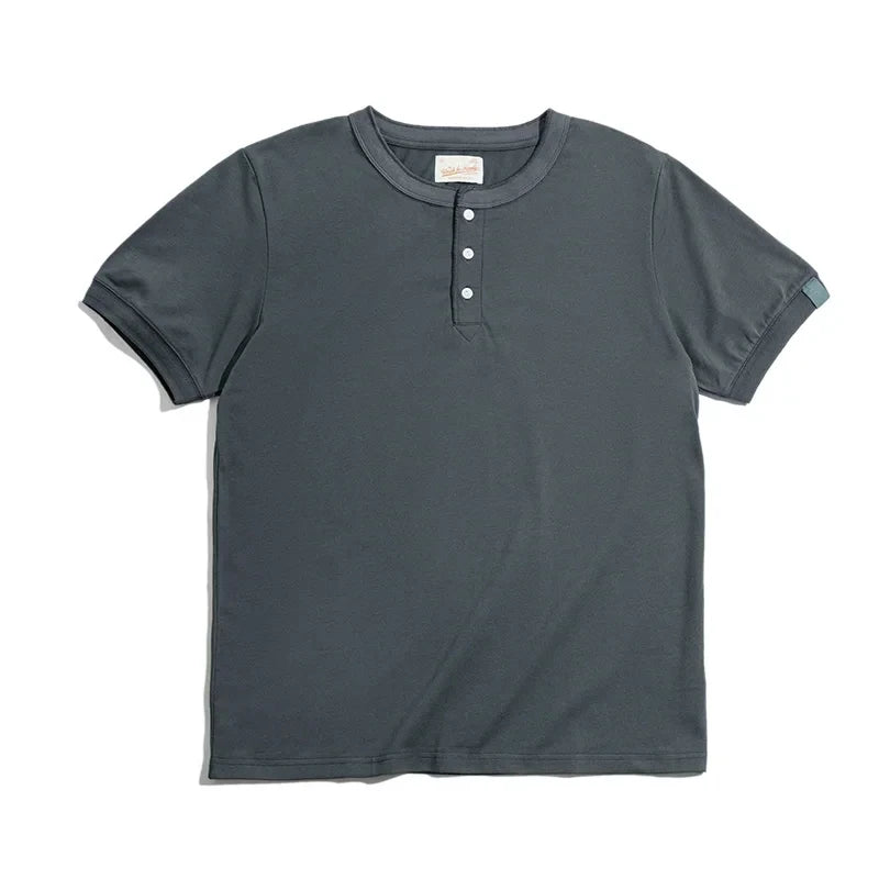 Henley Buttoned Short Sleeve T-Shirt – Premium Structured Fit Essential in Navy, Cream, Grey & Army Green