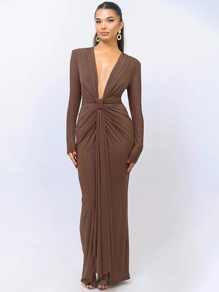 Elira Deep Plunge Glitter Maxi Dress – Long Sleeve Ruched Formal Gown for Special Occasions & Evening Glam