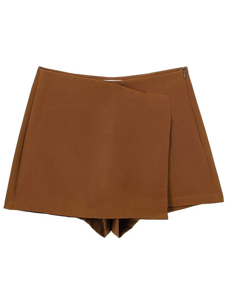 Sorlette Asymmetric Wrap Skort – High Waist Mini Skirt Shorts for Women in Cream, Blue, Black, Brown & Purple