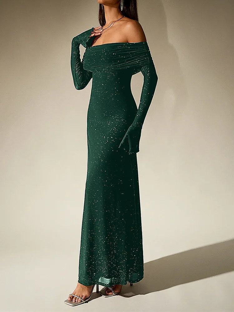 Aurevielle Off Shoulder Glitter Mesh Maxi Dress – Long Sleeve Bodycon Evening, Party & Wedding Guest Gown
