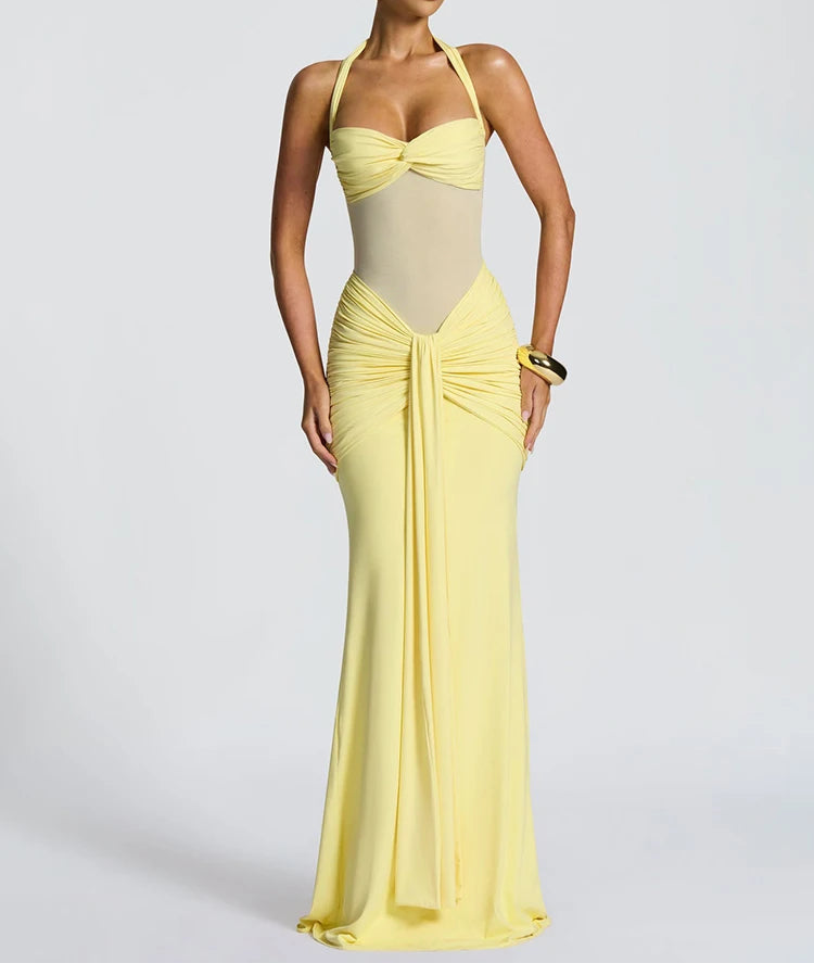 Syrene Halter Ruched Bodycon Maxi Dress – Sculpting Evening Gown for Weddings, Events & Parties
