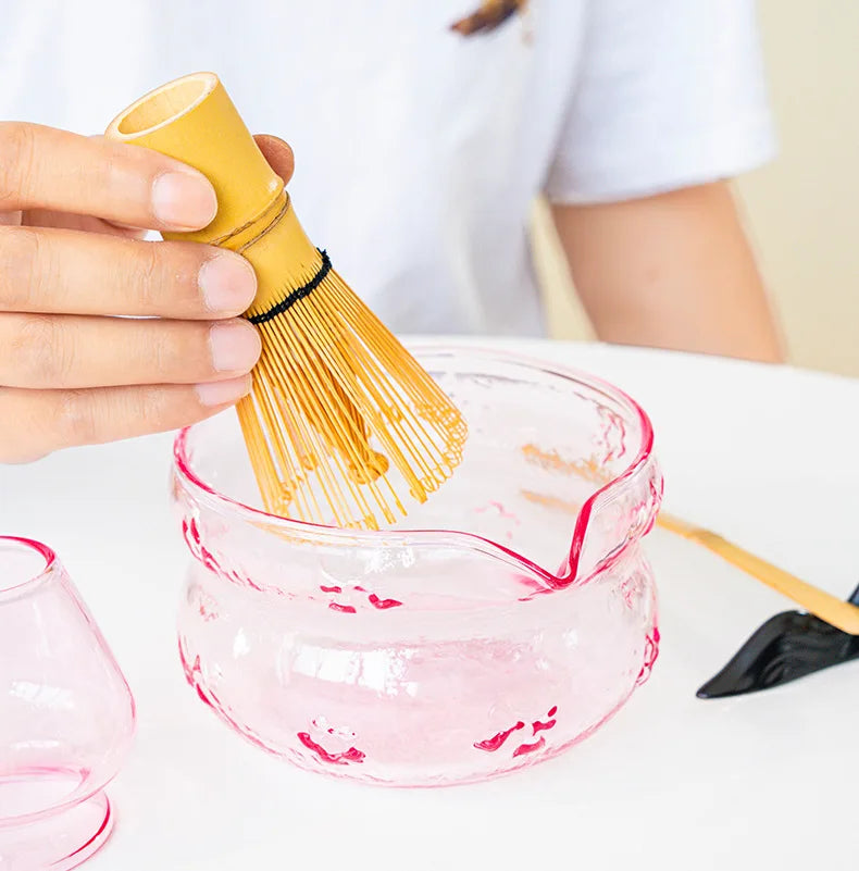 Akari Glass Matcha Tea Set – Pink & Purple Matcha Bowl Kit with Whisk, Scoop and Strainer, Complete Matcha Starter Gift Set