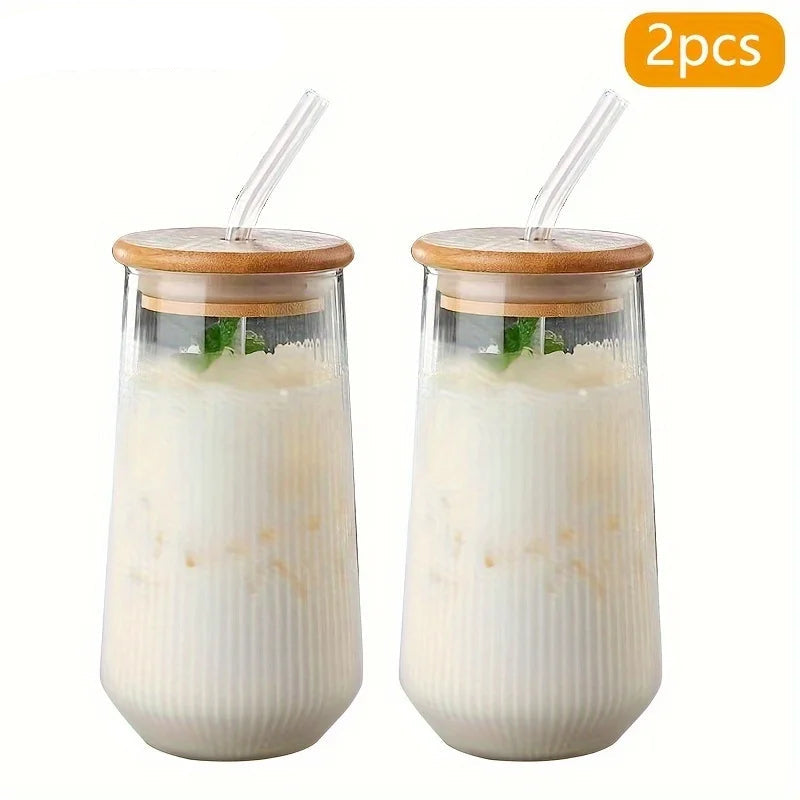 Ribbed Drink Glass Cups with Bamboo Lid & Glass Straw – 2 - Piece Reusable Tumbler Set