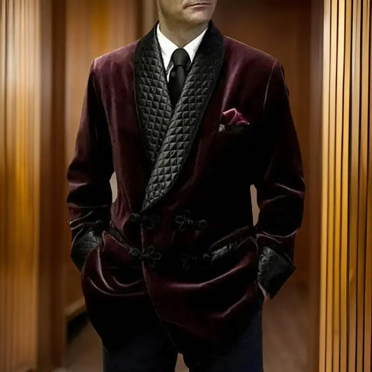 Ashcombe Velvet Smoking Jacket – Men’s Burgundy Quilted Shawl Blazer for Black Tie & Formal Evenings