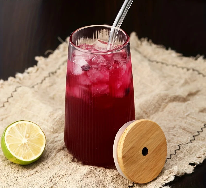 Ribbed Drink Glass Cups with Bamboo Lid & Glass Straw – 2 - Piece Reusable Tumbler Set