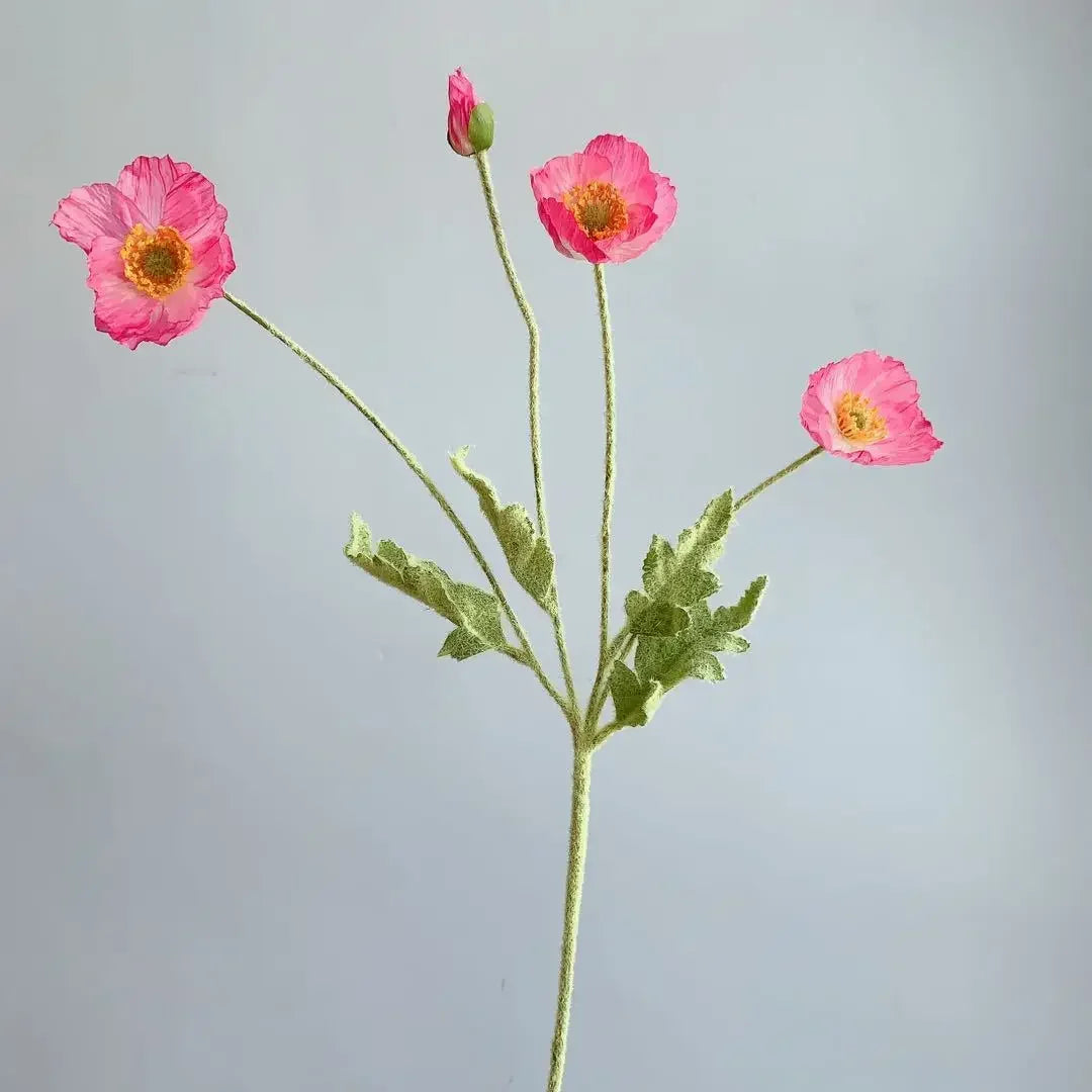 Meadow Poppy Stem Bundle – Silk Poppy Flower Stem with 3 Blooms and 1 Bud for Vase Arrangements and Home Styling