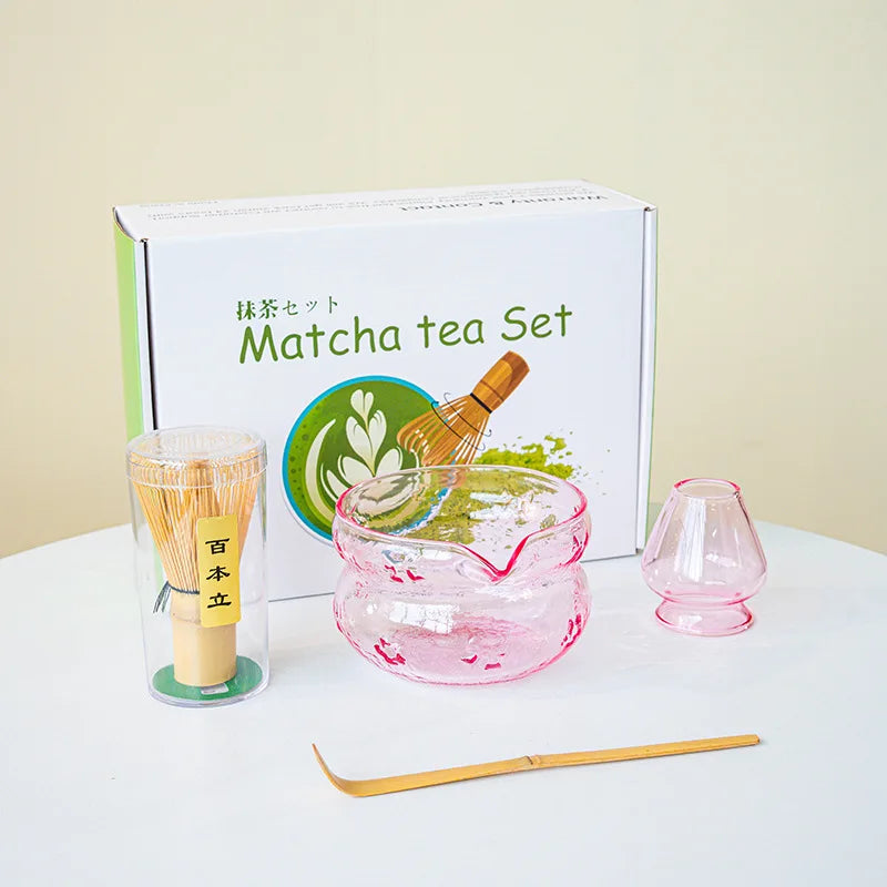 Akari Glass Matcha Tea Set – Pink & Purple Matcha Bowl Kit with Whisk, Scoop and Strainer, Complete Matcha Starter Gift Set