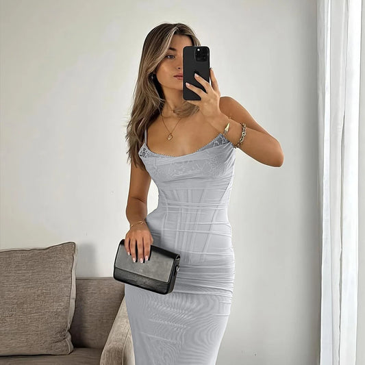 Selene Corset Mesh Maxi Dress – Sculpting Spaghetti Strap Bodycon Gown in Light Grey and Hot Pink