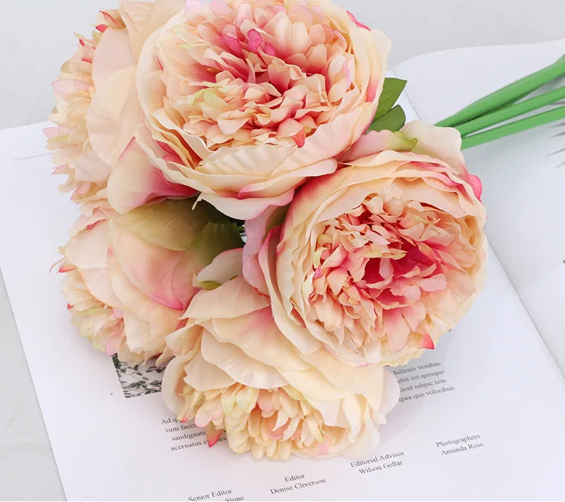 Peonia Bloom Bouquet – Silk Faux Peony Flower Arrangement with 5 Heads for Vase Styling, Wedding Flowers and Home Décor