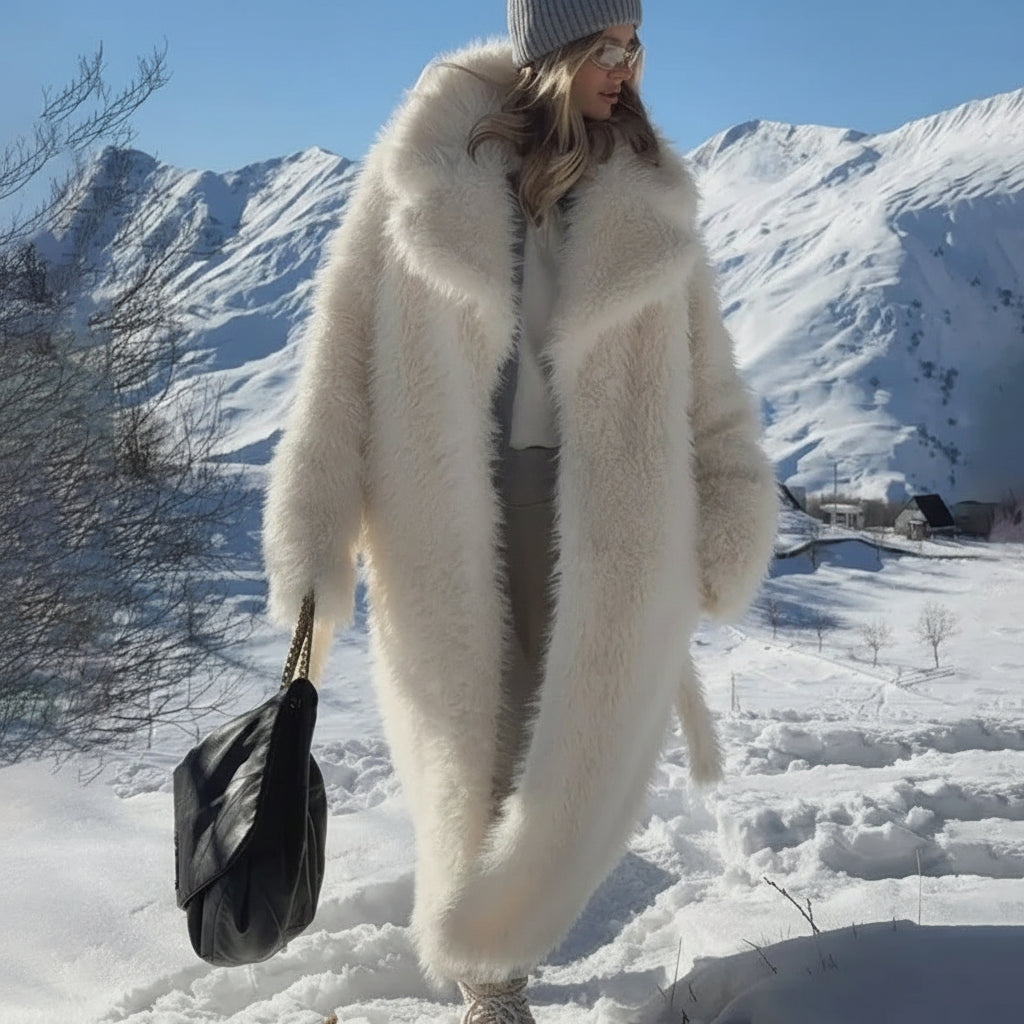 Avalora Longline Plush Faux Fur Coat – Women’s Luxury White Faux Mink Statement Winter Coat for Daywear, Evening & Occasion Looks