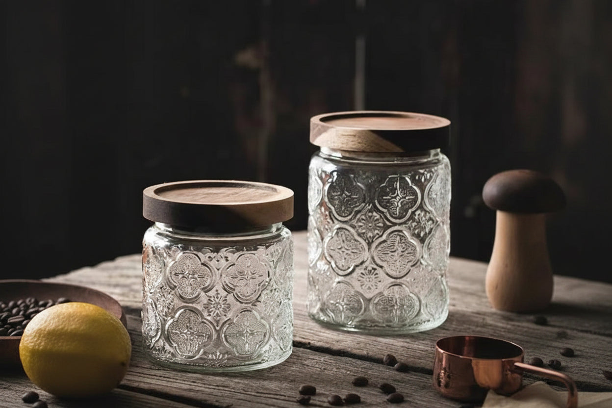 Embossed Glass Storage Jar with Wooden Lid