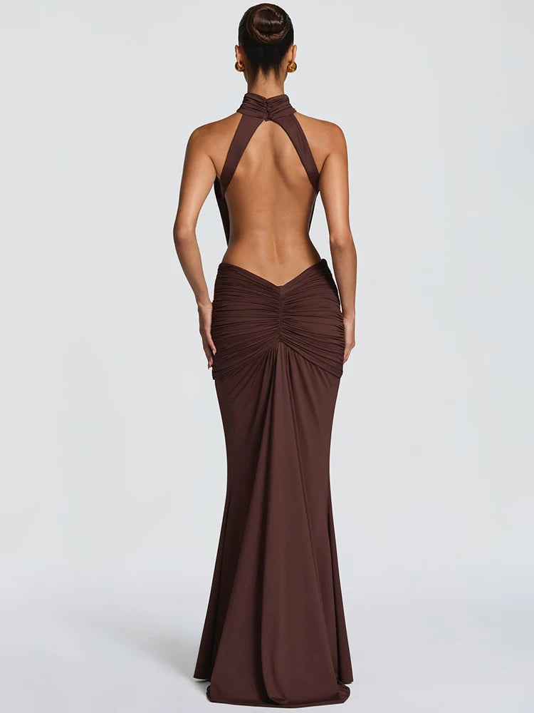 Elvaria High Neck Backless Ruched Bodycon Maxi Dress – Evening, Party & Wedding Guest Gown
