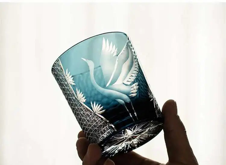 Japanese-Style Edo Kiriko Hand-Engraved Whisky Glass with Crane Motif – Crystal Glass Tumbler with Gift Box (260ml)