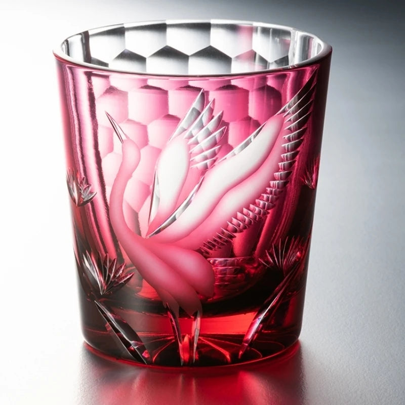 Japanese-Style Edo Kiriko Hand-Engraved Whisky Glass with Crane Motif – Crystal Glass Tumbler with Gift Box (260ml)