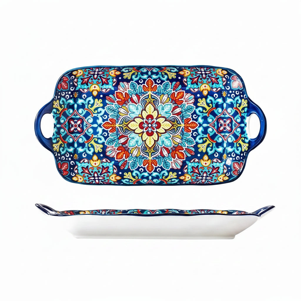 Calvero Ceramic Serving Tray – Rectangular Dish with Handles