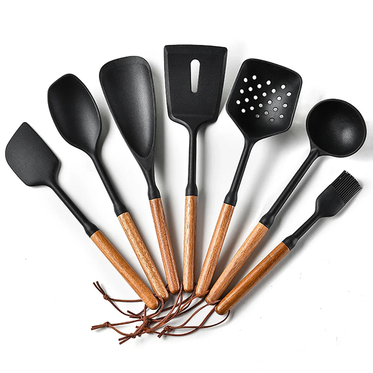 7-Piece Black Silicone Cooking Utensil Set with Wooden Handles – Non-Stick Heat Resistant Kitchen Tools