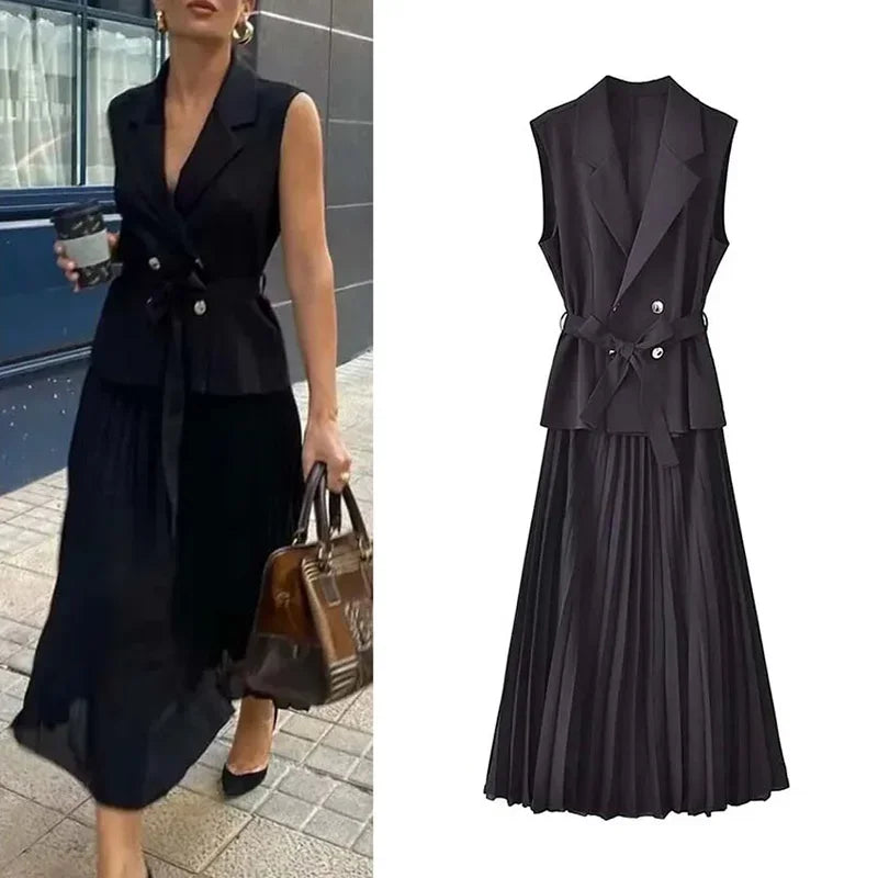 Nerina Double-Breasted 2 Piece Pleated Midi Dress – Sleeveless Blazer Top & Skirt Set in Black, Cream or Beige