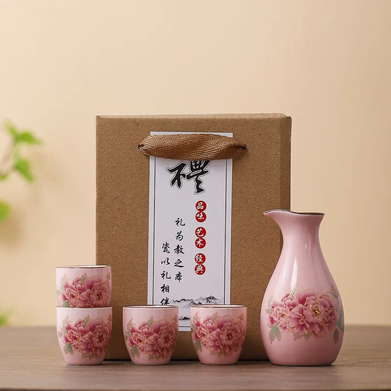 Sakura Blossom Ceramic Sake Gift Set – 5 Piece Sake Carafe and Cup Set