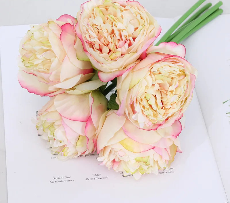 Peonia Bloom Bouquet – Silk Faux Peony Flower Arrangement with 5 Heads for Vase Styling, Wedding Flowers and Home Décor