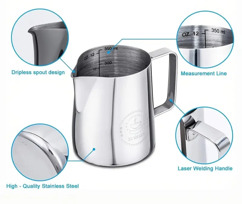 Stainless Steel Milk Frothing Jug – 350ml 600ml 900ml Coffee Pitcher with or without Measurement Scale