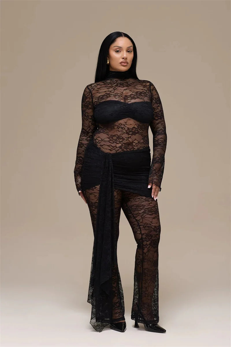Vionara Lace Sheer Jumpsuit with Draped Wrap Detail – Long Sleeve Mesh Eveningwear for Party & Occasion Outfits