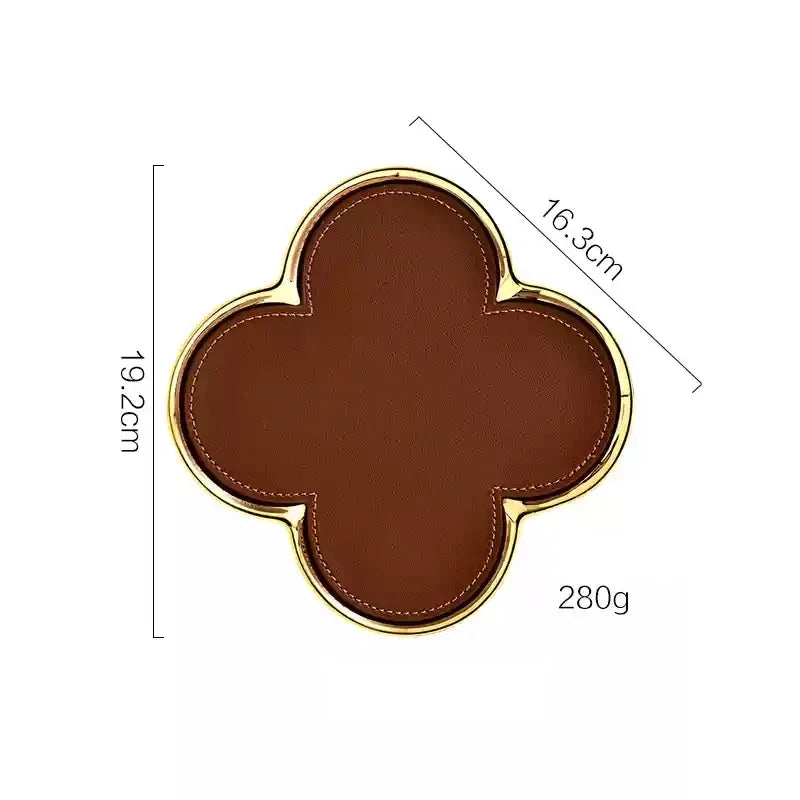 Luxury Clover Leather Tray – Decorative Organiser for Jewellery, Keys & Desk Accessories in Gold & Silver