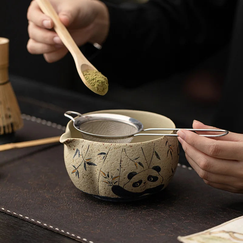 Bamboo Grove Ceramic Tea & Coffee Gift Set – 2, 4, & 8 - Piece Complete Home Tea Kit with Panda & Flower Design Bowl, Whisk and Scoop