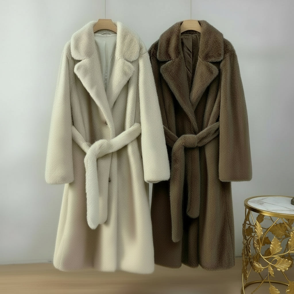 Brunelle Long Plush Faux Fur Belted Coat – Women’s Luxury Winter Faux Mink Jacket in Mocha Mink & Ivory Mink