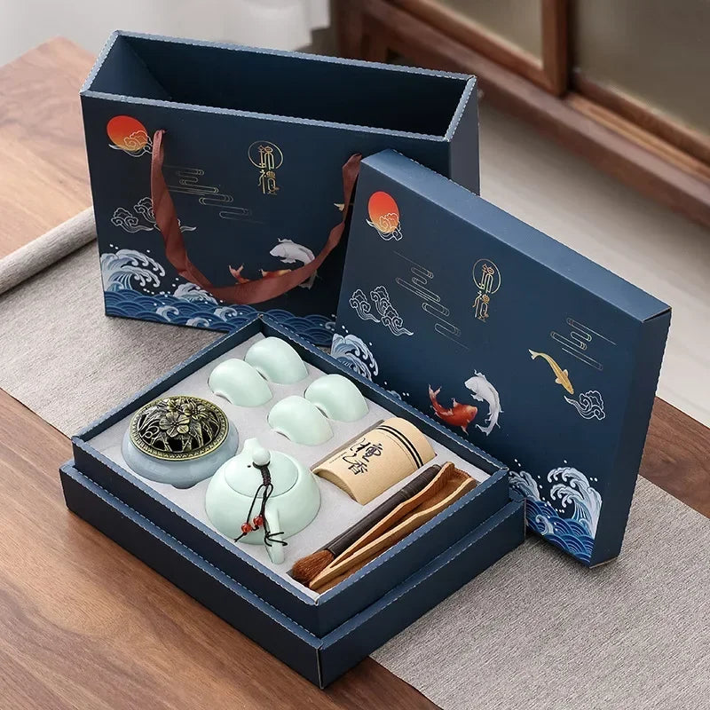 Ceramic Tea Set Gift Box with Teapot & Cups – Portable Travel Tea Brewing Kit