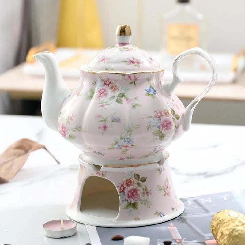 English Garden Ceramic Teapot with Candle Warmer – Vintage Floral Afternoon Tea Pot