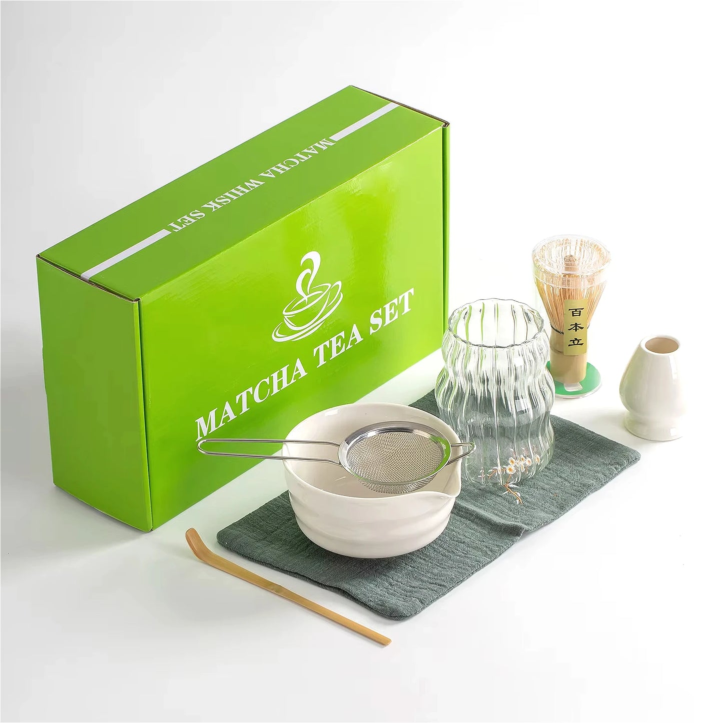 Hikari Matcha Gift Set – 7-Piece Japanese Matcha Tea Making Kit with Glass Cup, Ceramic Bowl & Bamboo Whisk