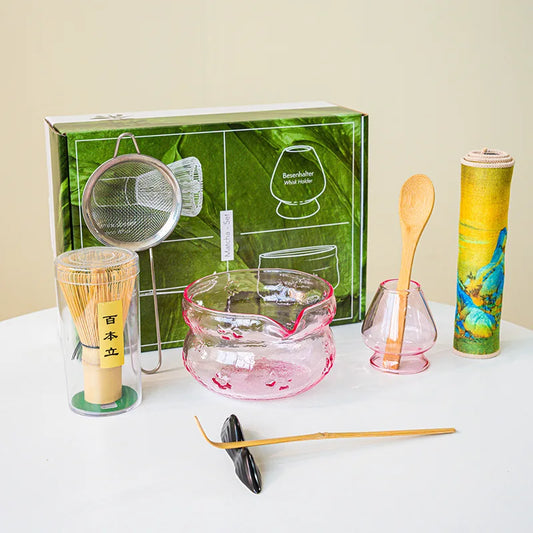 Matcha Tea Ceremony Set – Pink/ Blue Glass Matcha Bowl With Bamboo Whisk, Scoop & Accessories 4/5/7/8 Piece Set