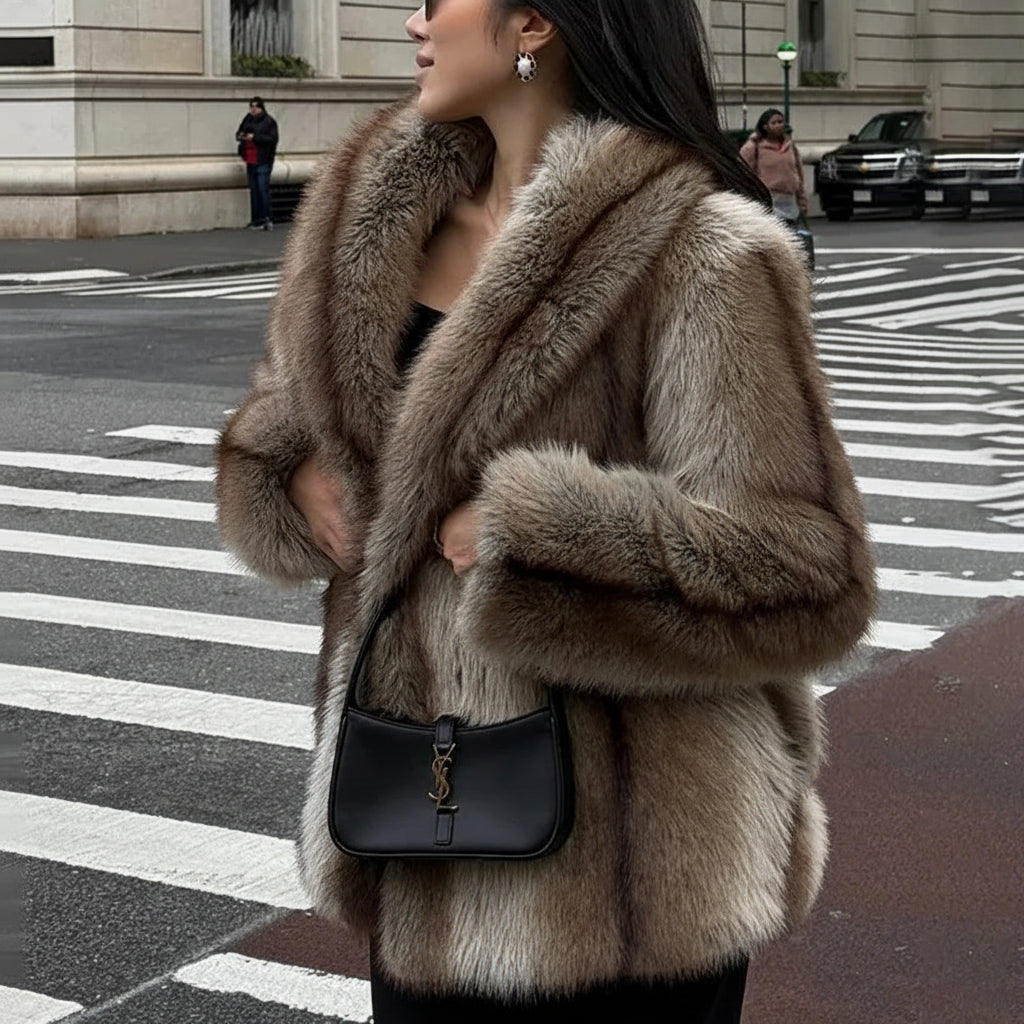 Marenza Long Plush Faux Fur Coat – Women’s Luxury Striped Faux Fox Jacket for Winter Daywear and Evening Partywear