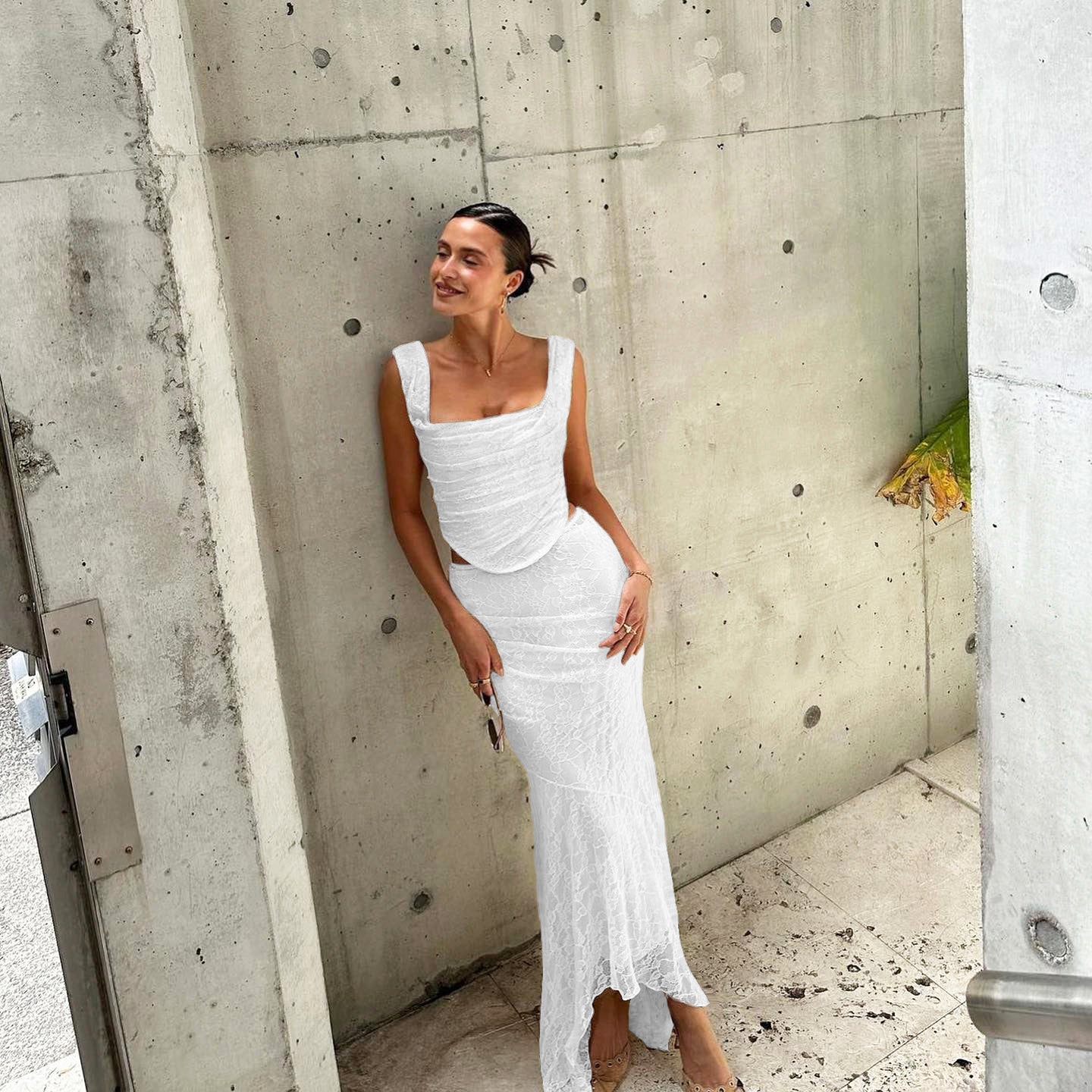 Mirelia Lace Two-Piece Co-Ord – Ivory Ruched Crop Top & Maxi Skirt Set for Party, Eveningwear & Wedding Guests