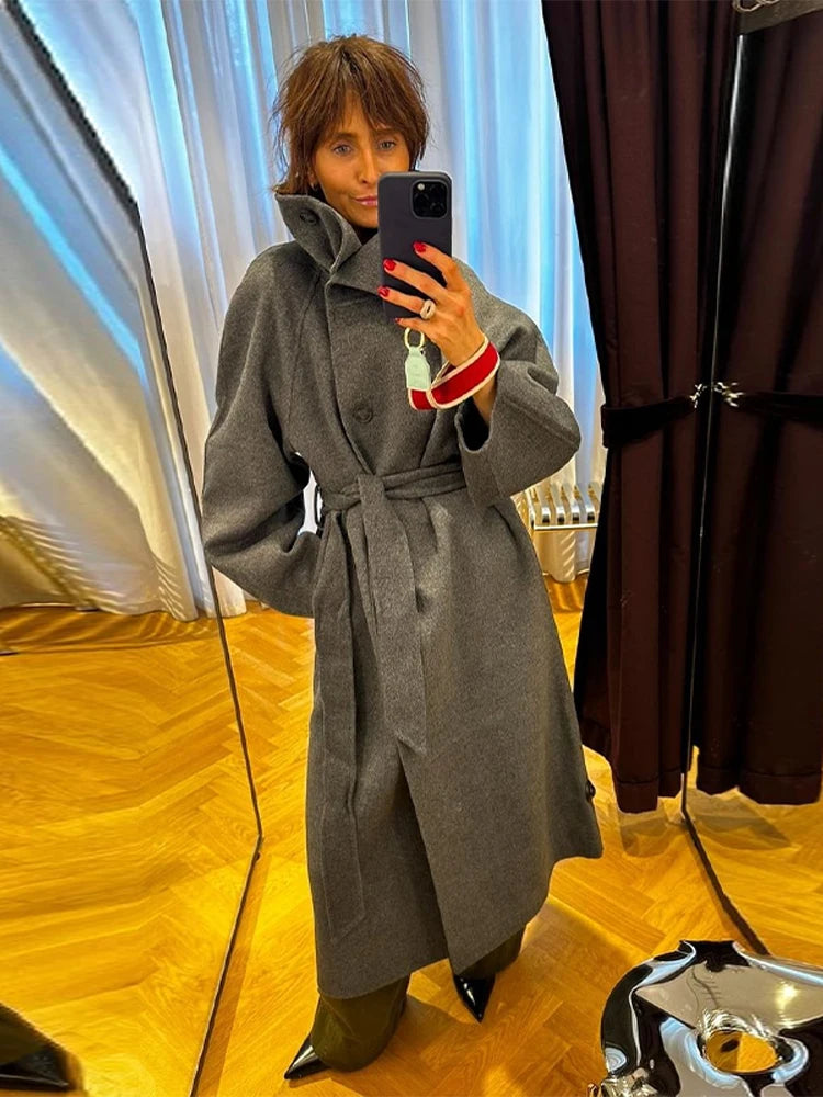 Adelisse Belted High Neck Wool Blend Maxi Coat – Women’s Longline Winter Overcoat with Statement Collar