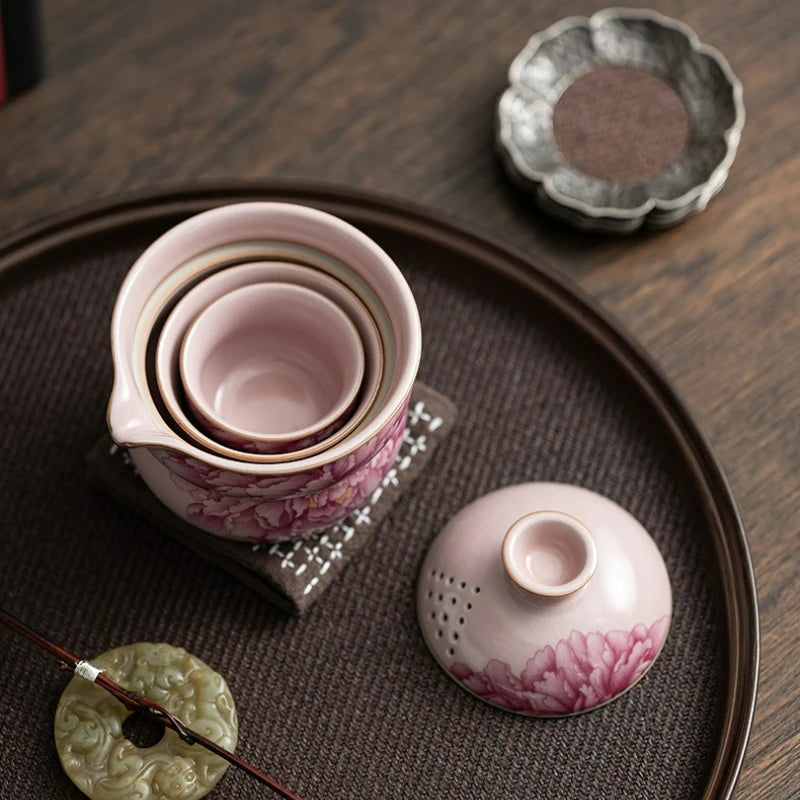 Peony Bloom Handmade Tea Set – Portable Ceramic Travel Tea Set with Teapot and Cups, Floral Tea Set Gift with Case