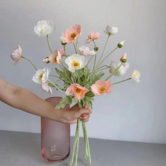 Meadow Poppy Stem Bundle – Silk Poppy Flower Stem with 3 Blooms and 1 Bud for Vase Arrangements and Home Styling