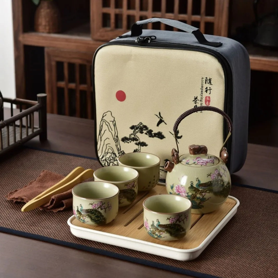 Willow Grove Travel Tea Set Collection – Ceramic Teapot and 4 Teacups Portable Tea Set with Case for Home, Gift and Outdoor Use