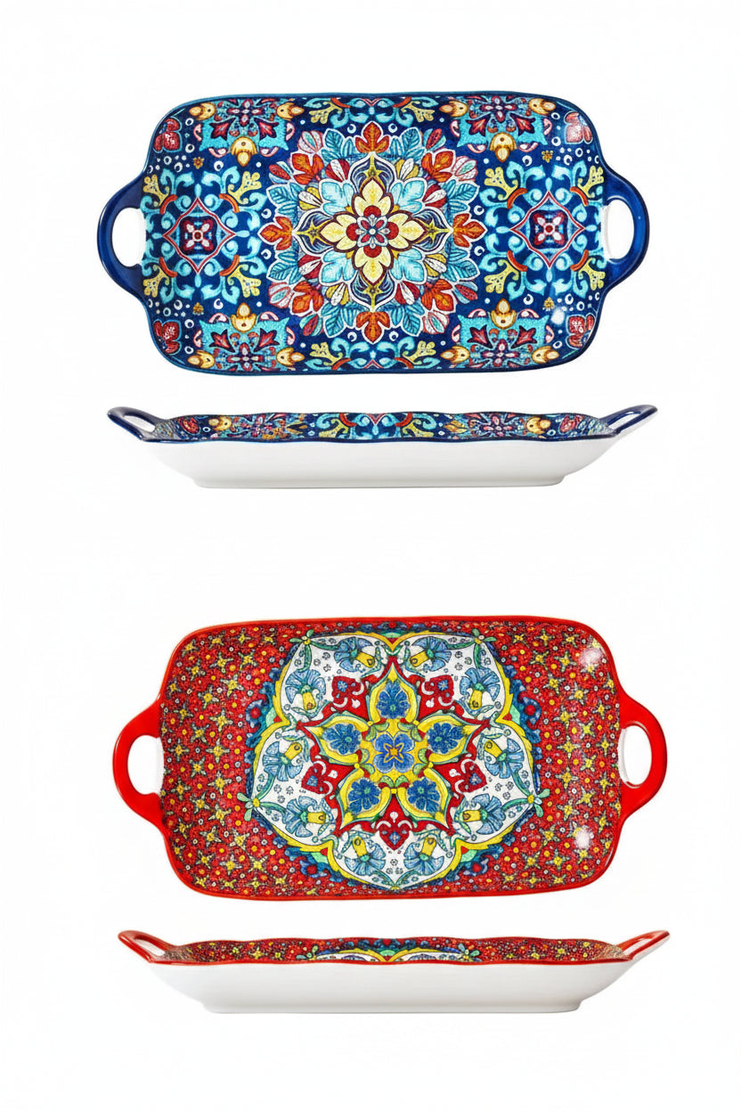 Calvero Ceramic Serving Tray – Rectangular Dish with Handles