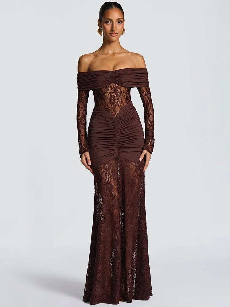 Fiolana Off-Shoulder Lace Maxi Dress – Long Sleeve Ruched Occasion Gown for Eveningwear, Party Outfits and Wedding Guest Looks