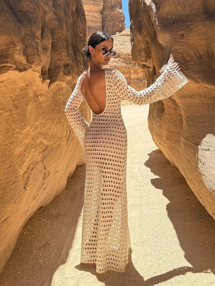 Zarevia Backless Crochet Knit Maxi Dress – Long Sleeve Sheer Swimwear Cover Up with Flared Cuffs